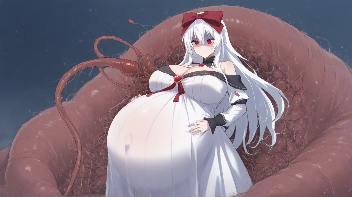 White hair, Red eyes, Long hair, , exposed , Messy clothes, Huge tits, Huge breasts, octopus haunted snake demon, pregnant