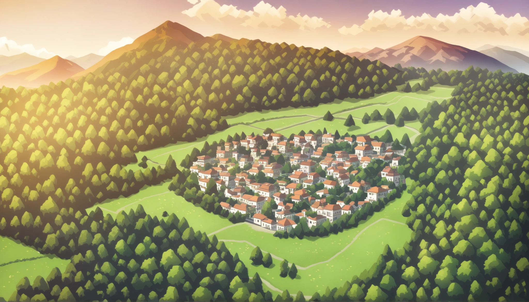 a small village surrounded by forests and a mountain