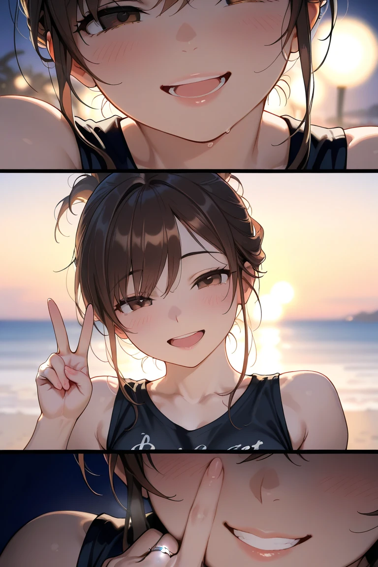 Masterpiece、最high quality、high quality、High definition、High resolution、High detail、Lens flare、Ray tracing method、high qualityの質感、high qualityの影、Beautiful details、Detailed and delicate、Detailed texture、Realistic facial expression、Realistic and colorful、Delicate、Cinematic Light、Side light、Sharp Focus、((1 female:1.4))、(Intricate details、Makeup、Pure Eros Face_v1:0.5)、(Details Beautiful delicate face、Detailed beautiful delicate eyes、Perfect Facial Proportions、Detailed skin、Charm)、fancy hairstyles、Beautiful bangs、(Two-tone gradient hair color）、slender、(Upturned beautiful breasts)、Light colored bikini、Mini Bikini、Raise your arm and make a peace sign、(Detailed crotch、Open crotch、Showing off your crotch)、Female juice、((Experiencing the best orgasm))、(Light-colored V-cut、Light-colored thong)、Open front shirt、No sleeve、Crop top、Beach House、Low-angle composition、Wide Shot、Single Shot