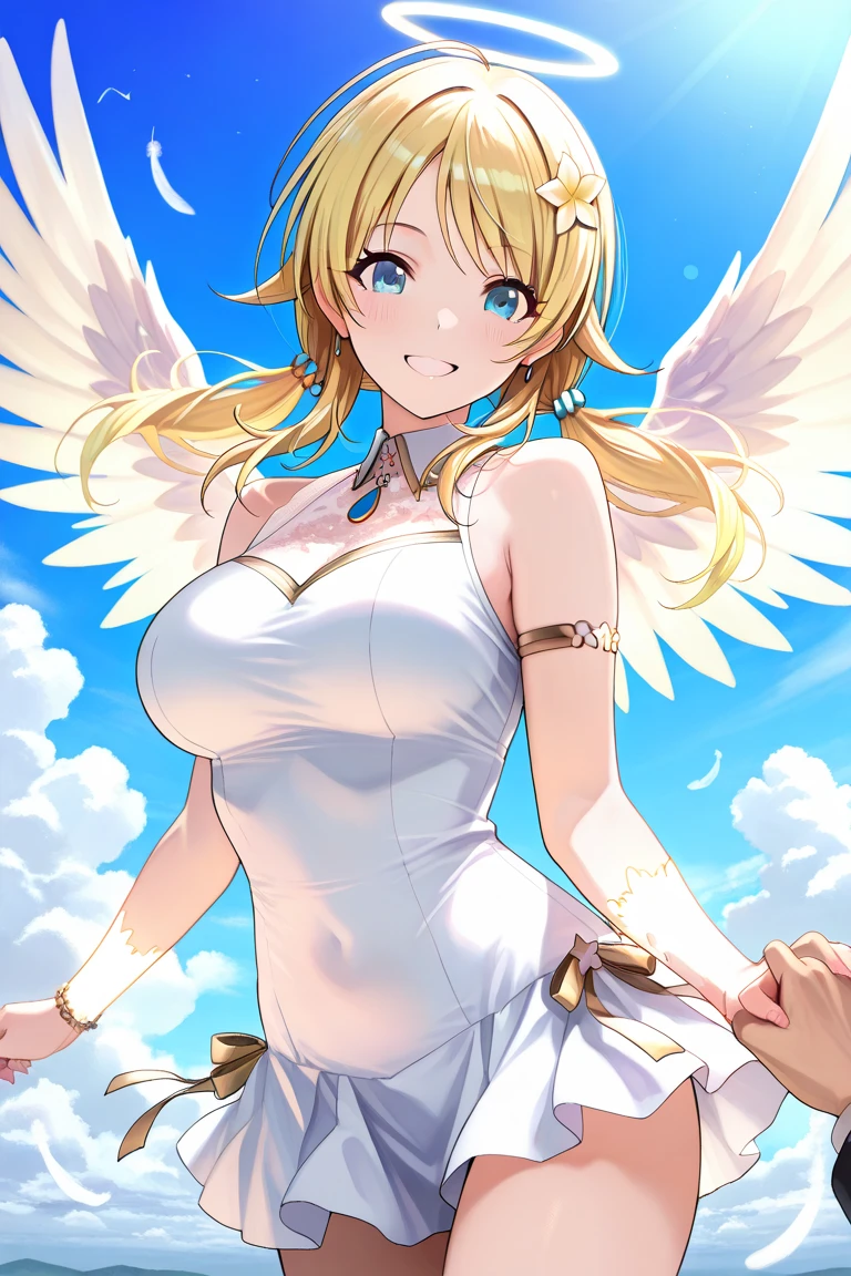 score_9, score_8_up, score_7_up, 1girl, breasts, solo, nipples, blue_eyes, wings, large_breasts, navel, from_below, nude, long_hair, looking_at_viewer, braid, blonde_hair, sweat, angel_wings, lips, feathered_wings, looking_down, parted_lips, open_mouth, circlet, breast_lift, grabbing_own_breast, blush, jewelry, upper_body, teeth, earrings, eyelashes, white_wings, good_hands,