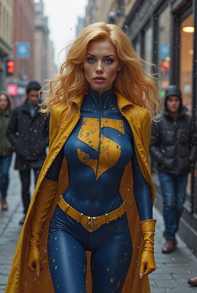 A beautiful blonde haired woman wearing a yellow leather jumpsuit with a yellow corset over her suit and a blue cape flying over the burning city this beautiful woman wears a wide belt which has a large round black plate on it (((with a yellow flourescent S as an emblem))) yellow magic around you