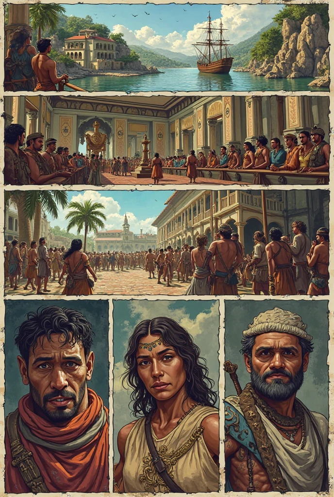 Debauchery and lechery of roman people with their Caesars on the left side, persecution and martyrdom of christians on the right side, divided by a dark wooden cross splattered with a little blood.