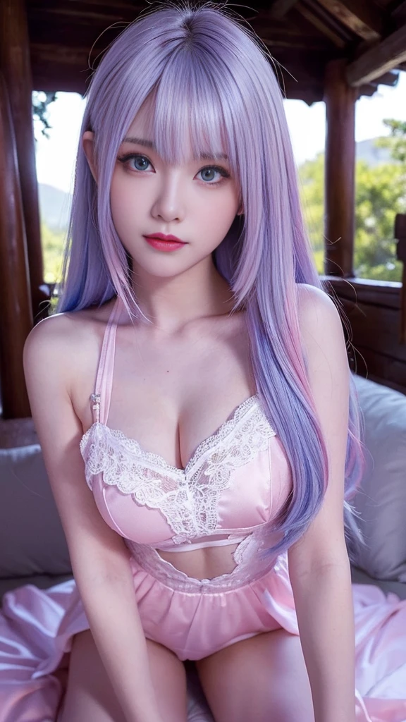 Beautiful sexy seductive slutty woman with perfect figure:1.4,Layered Hair Style,sexy for,accentuated super huge enormously gigantic nude tits with potruding nipple:1.5,pyjamas,Highly Detailed Face and Skin Textur,double eyelid,Whitening Skin,Long purple hair