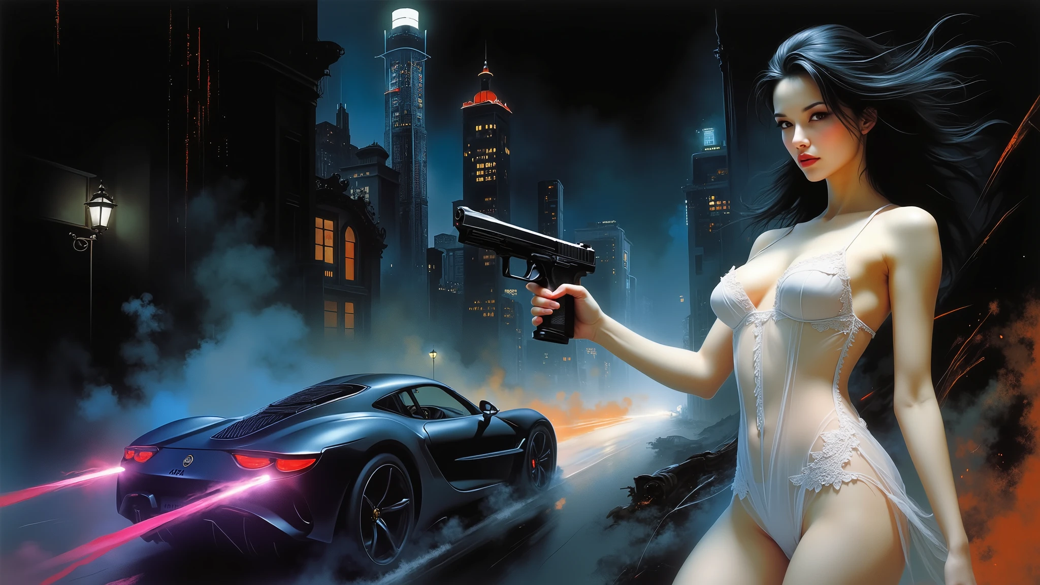 (((Extremely low angle view))). (sleek sport car speeding through the simple outline city), huge:2.0 glowing the matrix style code rain. (((simple High-resolution OLED GUI interfaces in the air))), motion blur. At night very dark sky, (close-up:0.8 half-body 1girl in the foreground, solo), ((thigh-level shot), photo realistic, slim face, large-breast:1.4 slim:1.0 body, cleavage, side boob, ((detailed lace transparent:0.2 short:0.5 white night gown dress, upskirt, front allure G-string T-back micro panty))), (matrix style black sunglasses, holding a short:0.5 gun, aiming viewer), cinematic lighting, ray tracing.