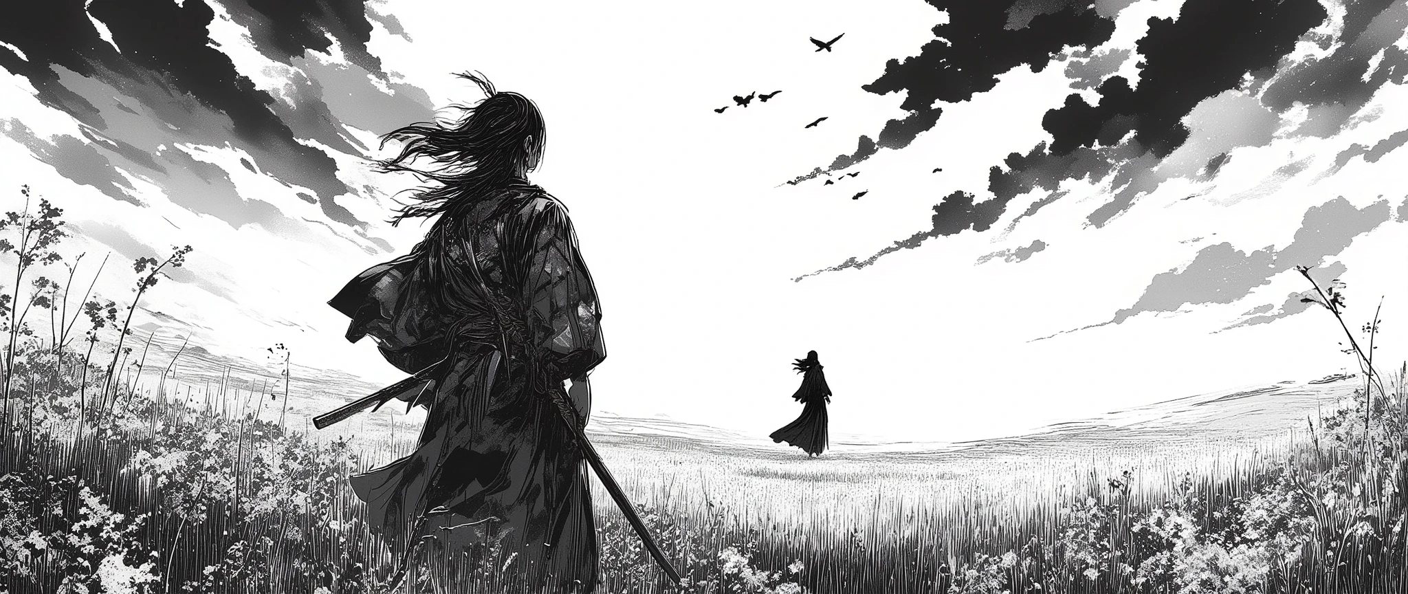 A hyper-detailed black and white manga panel in the realistic and emotional style of Takehiko Inoue’s Vagabond. The scene must convey deep melancholy and cinematic intensity. In the foreground, the main male character — a samurai — is shown clearly from behind, standing still in a vast field of tall grass and wildflowers. He is facing the far distance, where a tiny black silhouette of a woman stands, creating a powerful sense of emotional separation and regret.
His long, thin hair is extremely detailed, with many fine individual strands and locks blown separately by the wind. Every motion of the hair must be realistic and expressive. He wears traditional samurai clothing — a patterned kimono and a hakama — drawn with natural movement, deep folds, and realistic texture. His katana rests sheathed at his side. The woman in the far background must appear very distant, her entire form a small black silhouette, with her long hair and dress also blowing in the wind, giving the impression that she is slowly walking away and cannot be reached.
The landscape must emphasize depth and perspective — the ground is not flat, but uneven, slightly hilly, with layers of swaying grass, wildflowers, and long-stemmed flowers to create strong spatial distance. This must give a clear visual feeling of the character watching someone walk far away across a deep field.
The sky must be dramatic: not plain white, but filled with a gradient sky resembling a sunset, using tonal shading to suggest fading light — darker at the top, lighter near the horizon. The sky is packed with highly detailed clouds, drawn with expressive texture and depth. A small group of crows, drawn very tiny, flies across the sky, reinforcing scale and solitude.
The entire panel must look like a scene from a seinen manga — full of sorrow, silence, and realism. Use rich crosshatching, intense contrast, realistic anatomy, and extreme detail throughout. The tone is deeply melancholic, every visual element must reinforce t