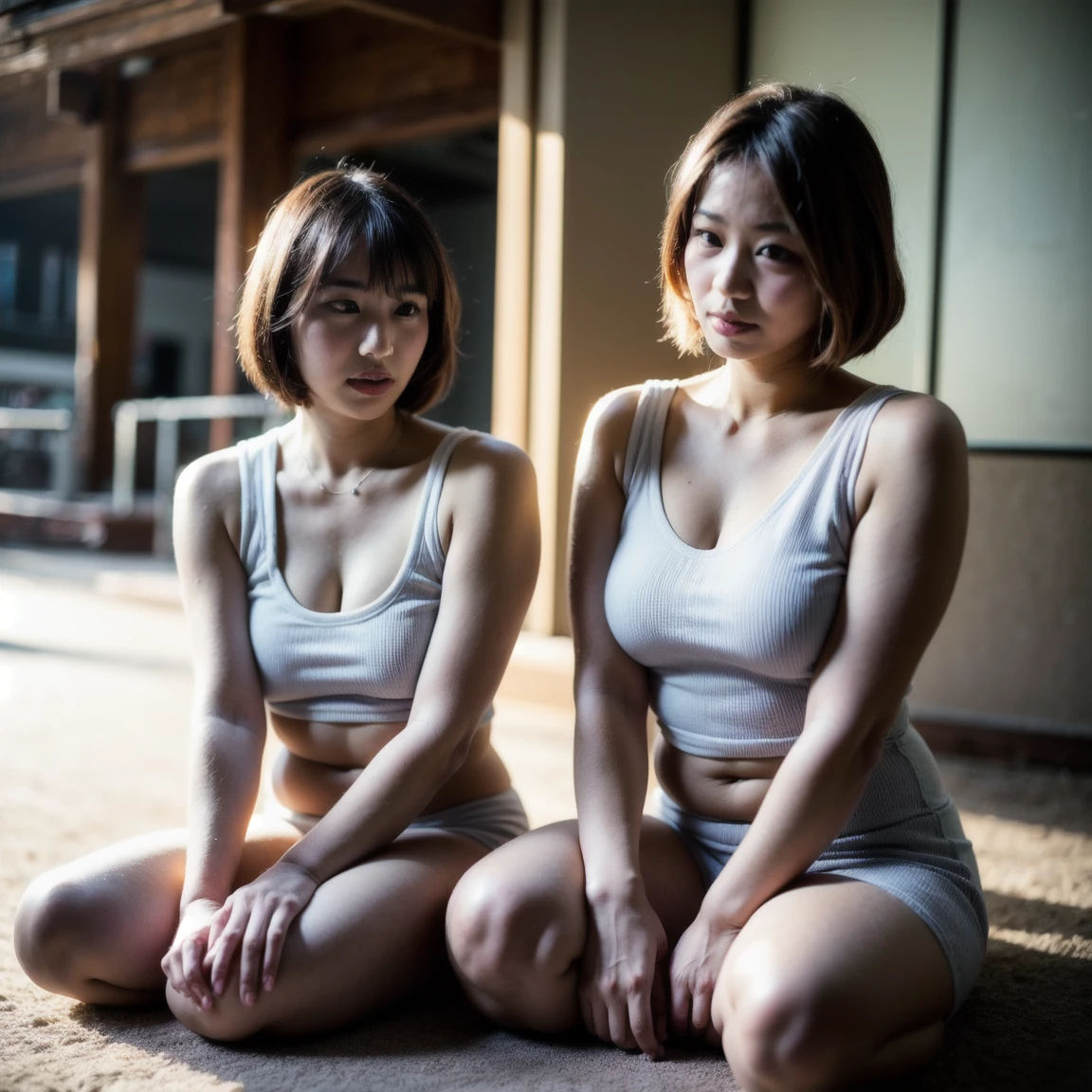 (2girls:1.2), (a detailed full-body RAW photo of a girl), (masutepiece:1.0), (Best Quality:1.4), (超A high resolution:1.2), (Photorealistic:1.4), 8K resolution, Canon EOS R5, 50mm, absurderes, ultra-detailliert, (25 year old), Sharp Focus, Cinematic lighting, Detailed beautiful face, (no-makeup:1.2), (ulzzang -6500-v1.1), petite figure, Detailed skin texture, flat chest, (skinny and fit body:1.6), Detailed brown hair, sweltering,(Very short hair:1.5), realistic glistening skin, (Sweating:1.4), detailed texture, (Japan athletes:1.5), (flat chest:1.5), (Erect nipples:1.2), ((yoga studio)), ((yoga costume)), (yoga pose:1.5)