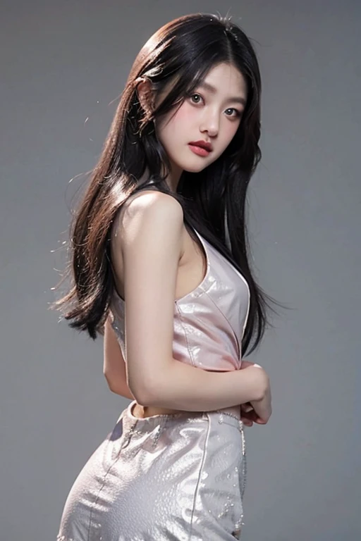 eunha, best quality, photorealistic, 8k, high res, 1girl, woman,huger breast,diamond stud earrings, long straight black hair, hazel eyes, slender figure, standing ,gorgeous,tradition clothes