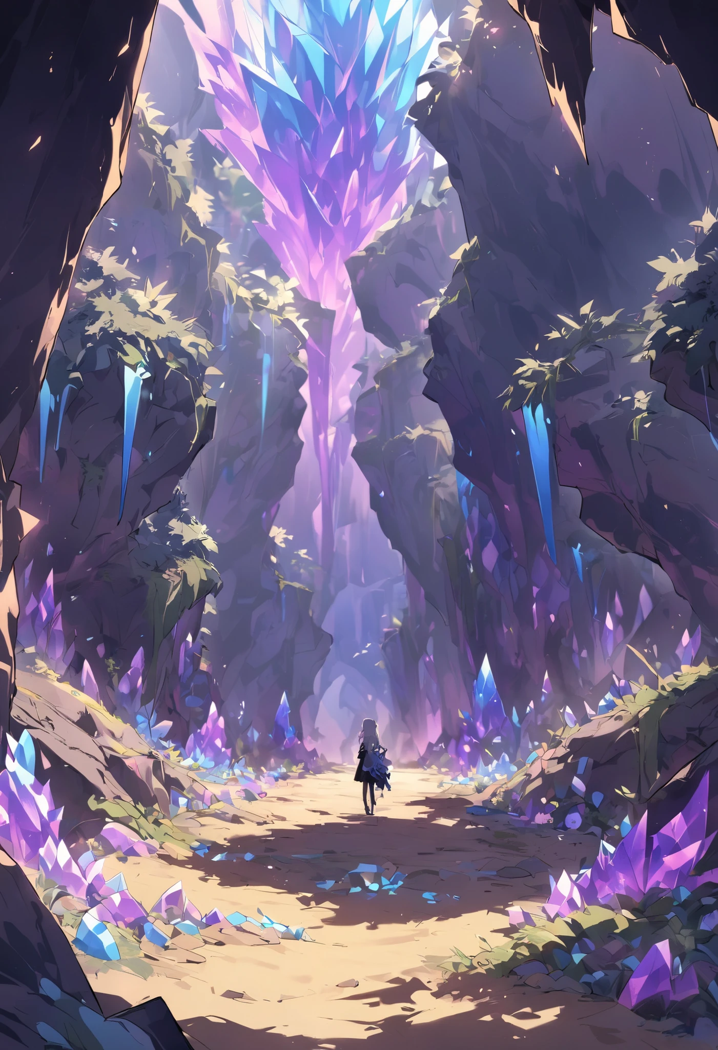 the environment is a large cave, with purple geometric cubic crystals, Yellow veins in the soil, and blue foliage