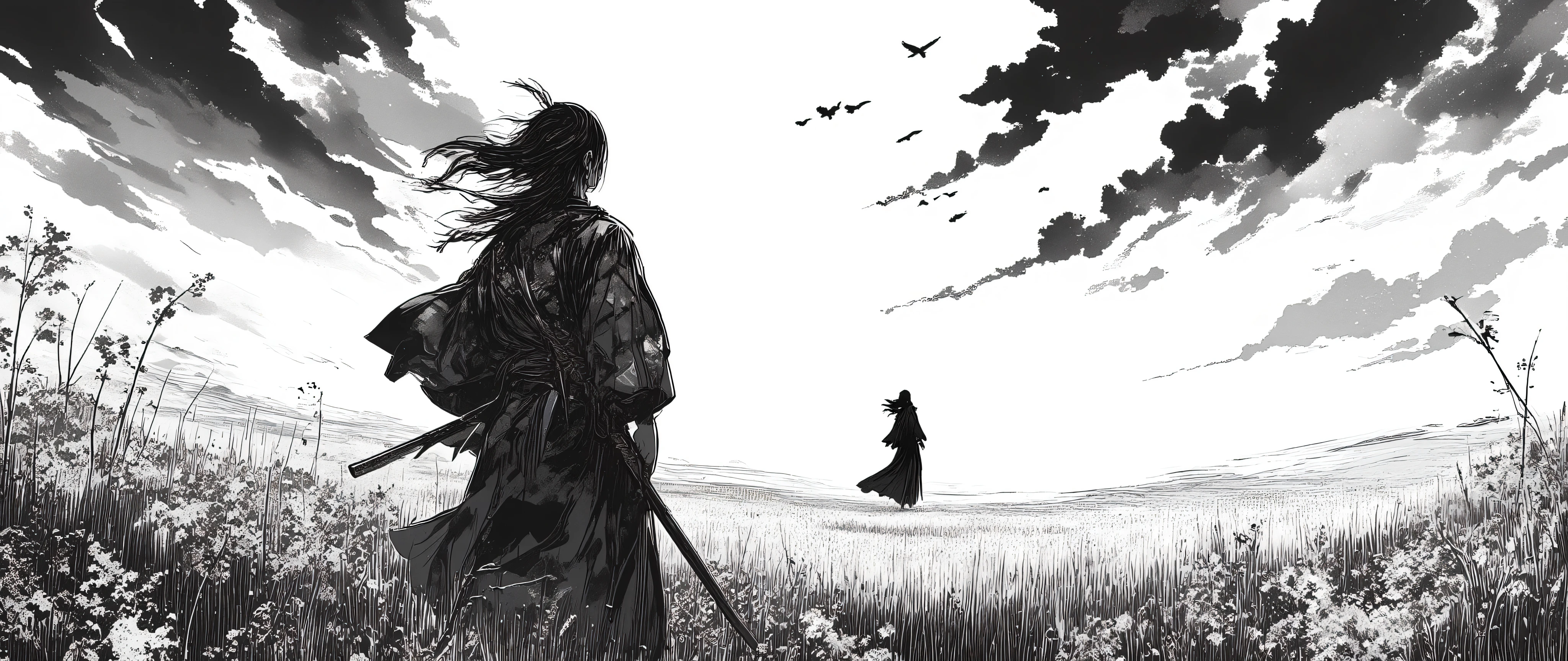 A hyper-detailed black and white manga panel in the realistic and emotional style of Takehiko Inoue’s Vagabond. The scene must convey deep melancholy and cinematic intensity. In the foreground, the main male character — a samurai — is shown clearly from behind, standing still in a vast field of tall grass and wildflowers. He is facing the far distance, where a tiny black silhouette of a woman stands, creating a powerful sense of emotional separation and regret.
His long, thin hair is extremely detailed, with many fine individual strands and locks blown separately by the wind. Every motion of the hair must be realistic and expressive. He wears traditional samurai clothing — a patterned kimono and a hakama — drawn with natural movement, deep folds, and realistic texture. His katana rests sheathed at his side. The woman in the far background must appear very distant, her entire form a small black silhouette, with her long hair and dress also blowing in the wind, giving the impression that she is slowly walking away and cannot be reached.
The landscape must emphasize depth and perspective — the ground is not flat, but uneven, slightly hilly, with layers of swaying grass, wildflowers, and long-stemmed flowers to create strong spatial distance. This must give a clear visual feeling of the character watching someone walk far away across a deep field.
The sky must be dramatic: not plain white, but filled with a gradient sky resembling a sunset, using tonal shading to suggest fading light — darker at the top, lighter near the horizon. The sky is packed with highly detailed clouds, drawn with expressive texture and depth. A small group of crows, drawn very tiny, flies across the sky, reinforcing scale and solitude.
The entire panel must look like a scene from a seinen manga — full of sorrow, silence, and realism. Use rich crosshatching, intense contrast, realistic anatomy, and extreme detail throughout. The tone is deeply melancholic, every visual element must reinforce t