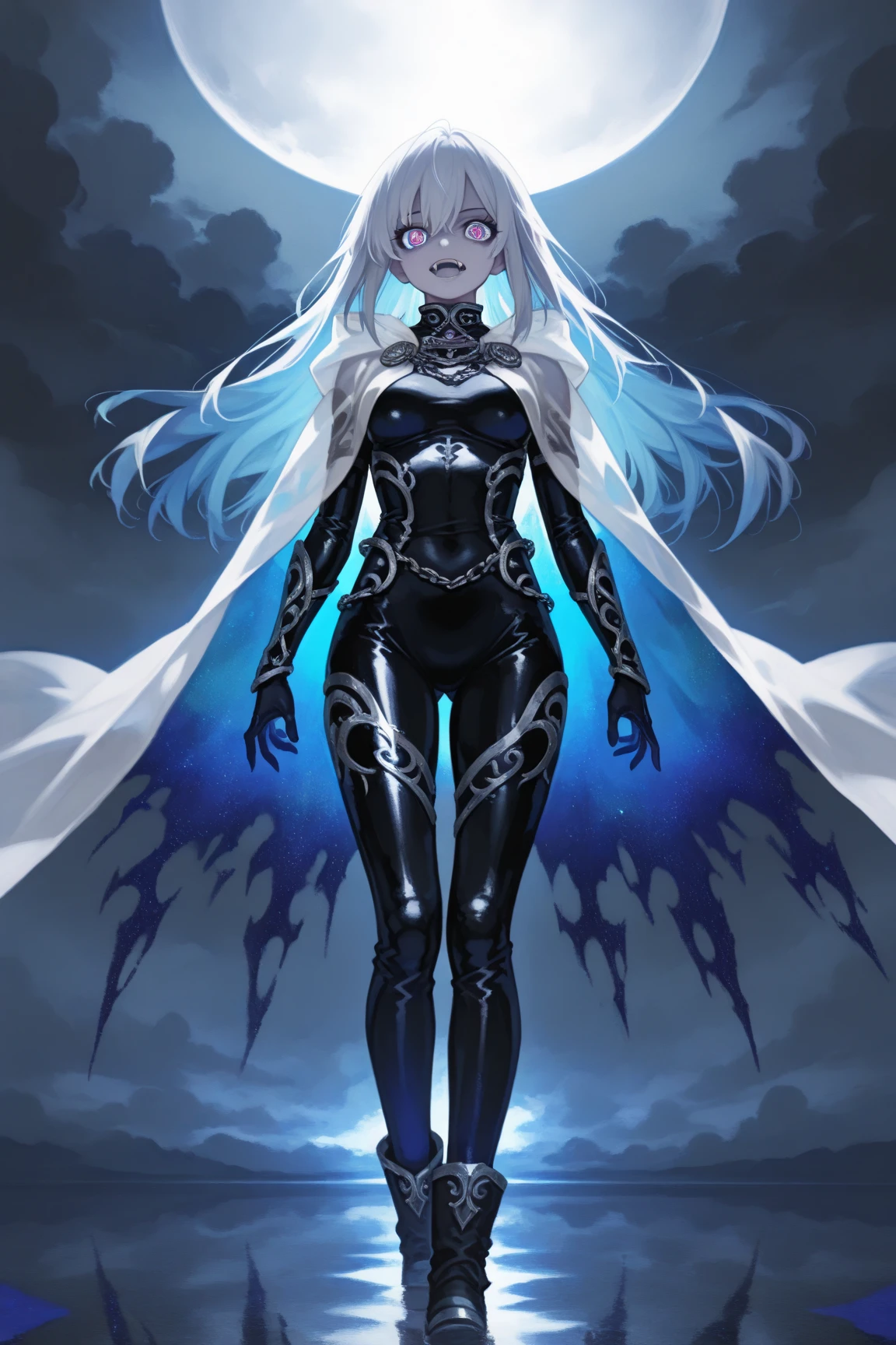 black skin, anime woman, happy, glowing silver eyes, glowing silver tattoos, messy glowing silver hair , wearing a black dress
