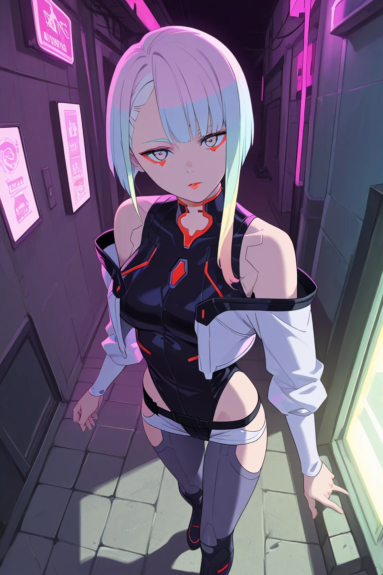Lucyna kushinada, anime style beautiful woman, best quality, perfectanatomy, ultra detailed, 1girl, solo, large breasts, curvy body, good hands, good legs, good knees, night sky, stars, short hair, breasts, looking at viewer, happy, bangs, white hair, thighhighs, gloves, dress, cleavage, bare shoulders, light purple eyes, short hair, crossing legs, white gloves, white dress, armor, white thighhighs, garter straps, white armor, smile , blush , cute