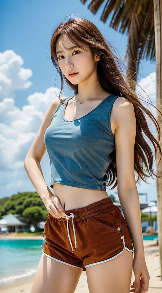 colorful girl idol、whole body、good style、、、colorful striped shorts、thick legs、Tank top、I'm a little tanned