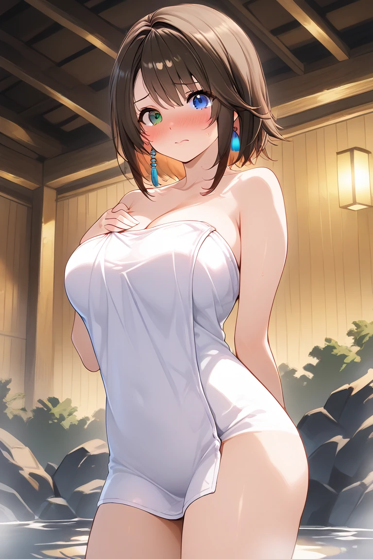 score_9, score_8_up, score_7_up, shaded BREAK 1girl, solo, Saeki Marika, brown hair, blue eyes, tan, short hair, hair ornament, outdoors, sunset, balcony, v-shaped eyebrows, smug, looking at viewer, white sundress, futanari, penis, precum, bulge, arms behind back, leaning forward, large breasts, huge breasts, round full breasts, super thin waist, heart shaped hips,