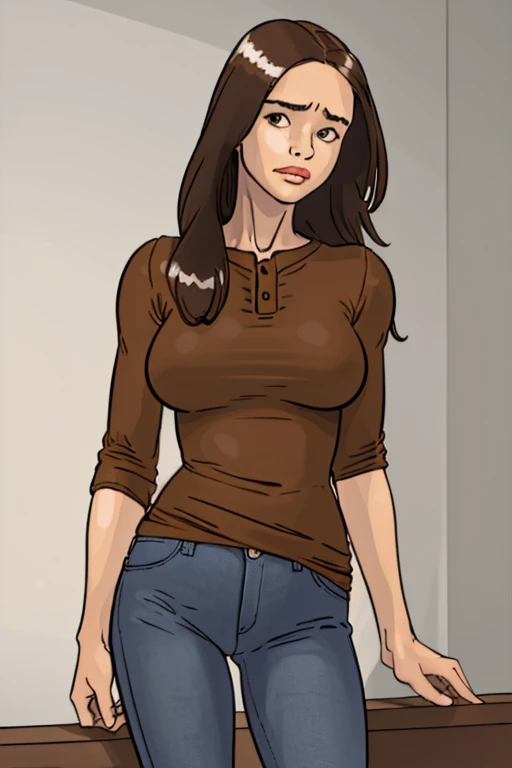 She was dark and thin, wearing jeans and a gray t-shirt.. dark brown hair. Smile.brown skin. Comic style 