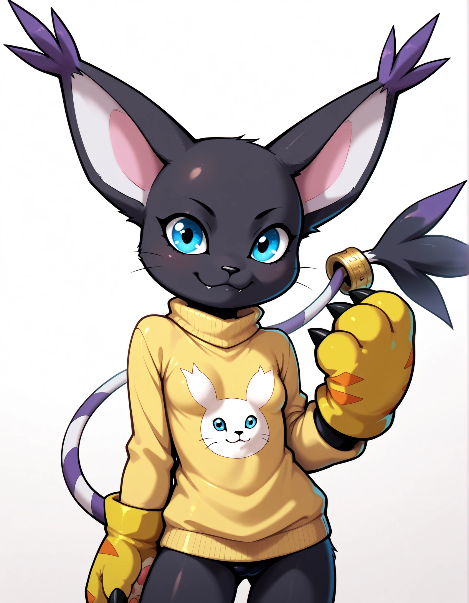 gatomon black, wild, (digimon), solo, alone, looking at viewer, blue eyes, black fur, striped tail, gloves, paw shaped gloves, paw pads,, digital_media_(artwork) hi_res, beautiful, anthropomorphic, furry, female, slim, slender, small breasts, cute, big sweater, beautiful blue eyes, smile, alone, nsfw, black Gatomon, Black Tailmon, no pants, white background