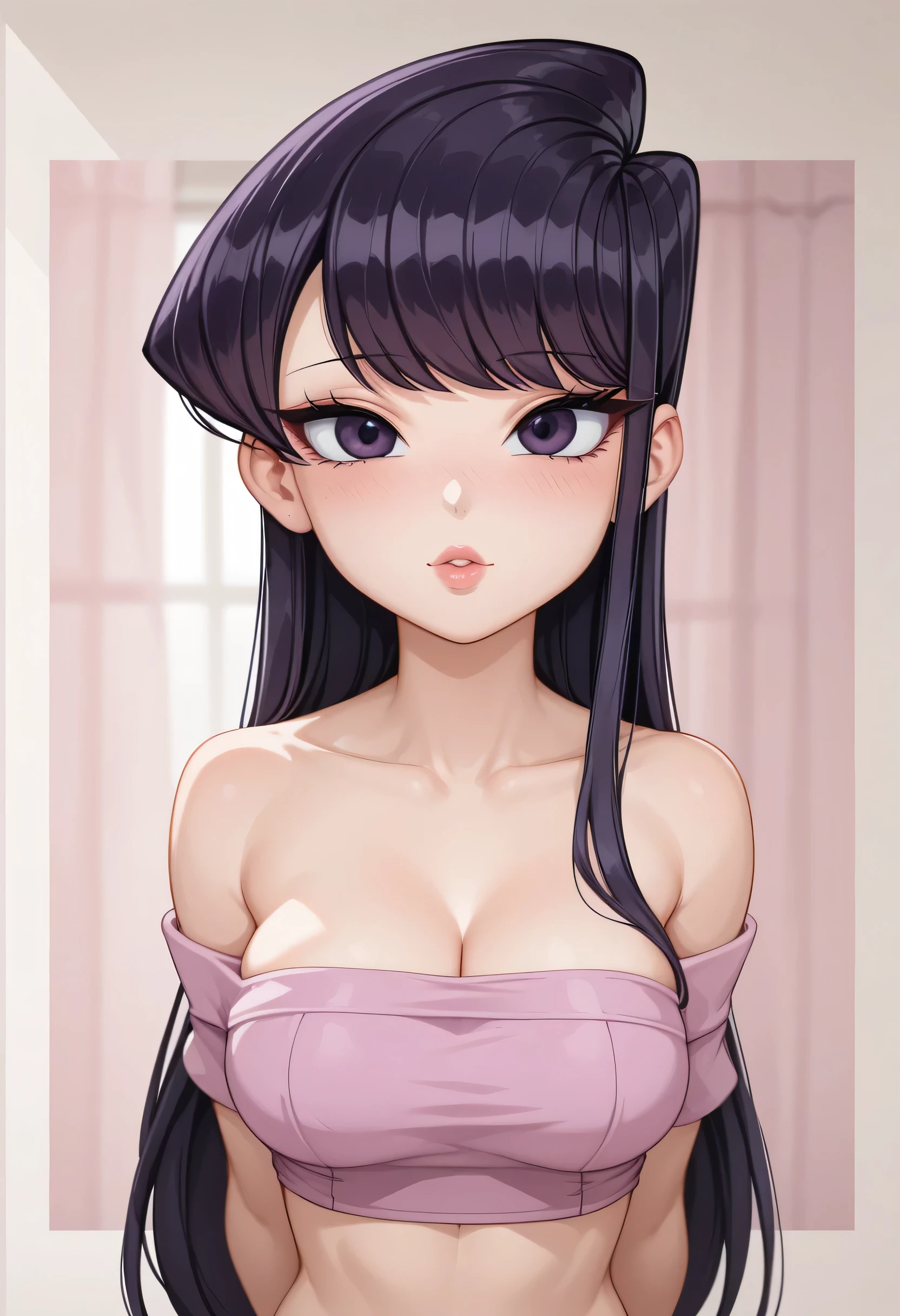 [impossible shirt:form fitting:0.5], masterpiece, best_quality, (mature_female:1.3), long hair, black hair, blunt bangs, hime cut, blue eyes, large_breasts, cleavage, pink tank top, pink tutu, ballerina, tiara, makeup, purple eyeshadow