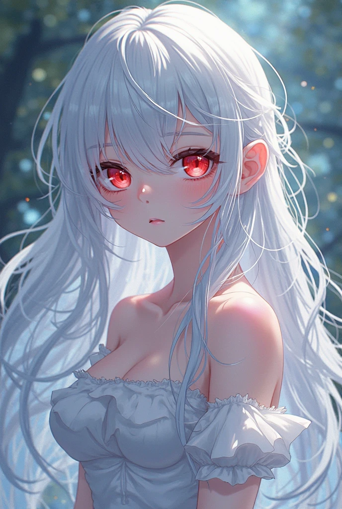 Beautiful girl with long white hair, Fair skin, And red eyes, In the woods with cinematic lighting, It&#39;s dark and there&#39;s little light. She is wearing a golden white dress, Her eyes were focused, Looking at the audience. Her skin is white, Her face was delicate and perfect., masterpiece, Top quality artwork. This image is an incredibly detailed 8K CG wallpaper., Cinematic tones with artistic cinema lighting and neutral filters.