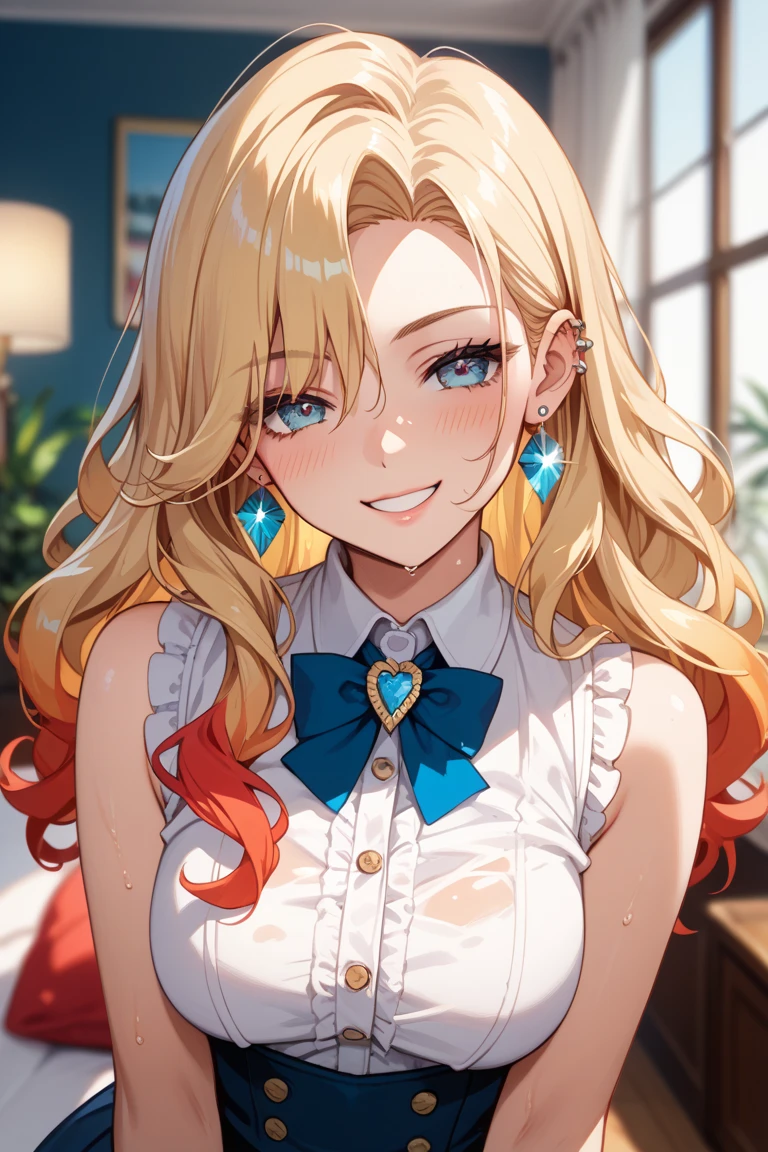 (ero:0.72),aikatsu,(RED Ribbon on HAIRband:1.2),(masterpiece, best quality), cowboy shot, BREAK 10yo, ,Medium_breasts, (blonde hair), red eyes, (Beauty skin:1.3), heart neckless, BREAK school uniform, (shirt tucked in, white collared shirt:1.3), black mini skirt, BREAK (unbuttoned Blue Jacket:1.5), sleeves past wrist, collarbone, BREAK black_bra:1.8,handpull,pulled by self,clothes pull,shirt pull:1.8,cleavage:1.8,selfie,smile,blush,cowboy shot,showing_bra:1.8, (unbuttoned shirt:1.9),Ichigo Hoshimiya (Aikatsu!)