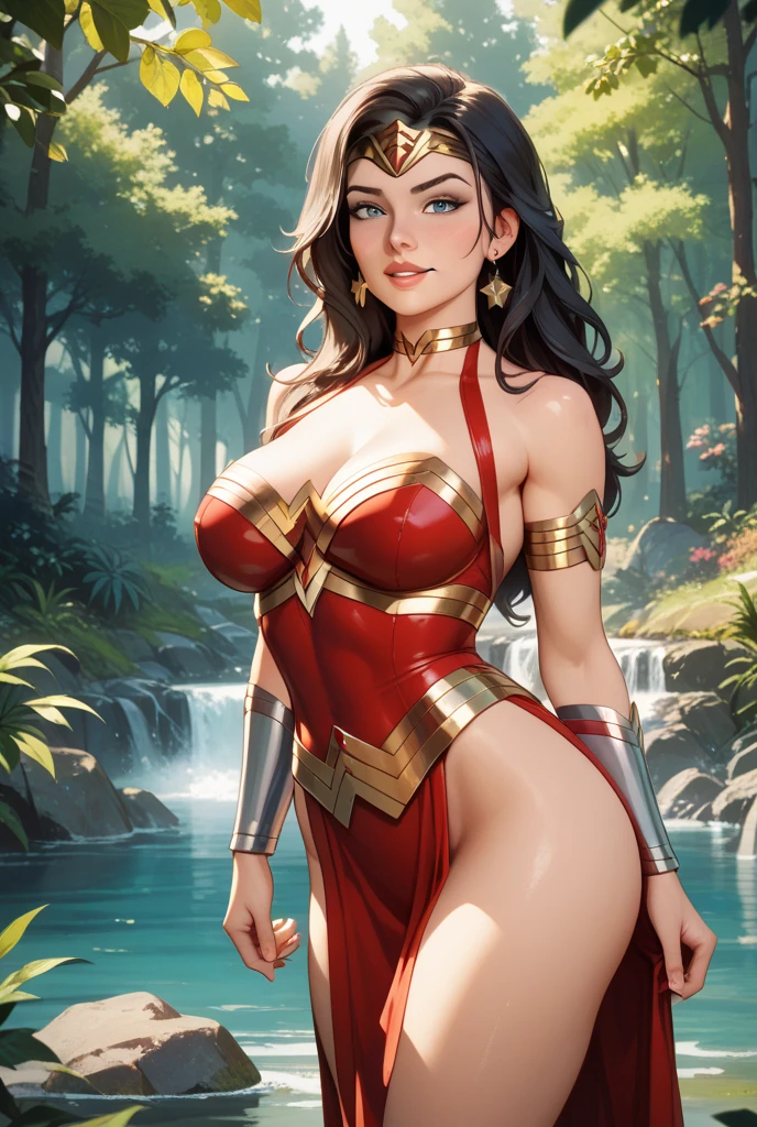 1female,35yo,Slim,熟妇,gigantic cleavage breasts,Big breasts Thin waist,slenderlegs,Pornographic exposure, 独奏,(Background with:ln the forest,the rainforest,in summer) She has long black hair,standing on your feet,Sweat profusely,drenched all over the body,seen from the front, hair straight, mostly cloudy sky,(((tmasterpiece),(Very detailed CG unity 8K wallpaper),best qualtiy,cinmatic lighting,detailed back ground,beatiful detailed eyes,Bright pupils,(Very fine and beautiful),(Beautiful and detailed eye description),ultra - detailed,tmasterpiece,)),facing at camera,(The upper part of the body),A high resolution,ultra - detailed),revealing breasts,Bare genitalia, Bulge,legs are open,Raised sexy,Camel toes,Flushed complexion,Open-mouthed,frontage,Gold Saint Seiya(Wearing:Captain America uniform,Armour,Red cape) Sexy pose