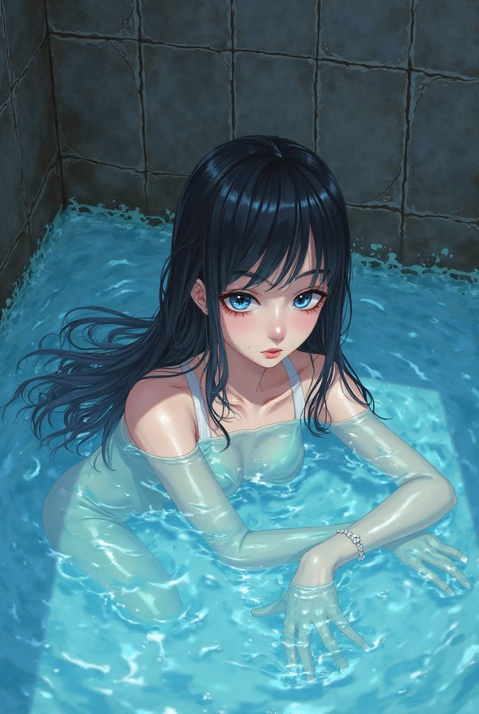 anime anime, young girl laying in the bathtub with her hand on her chest