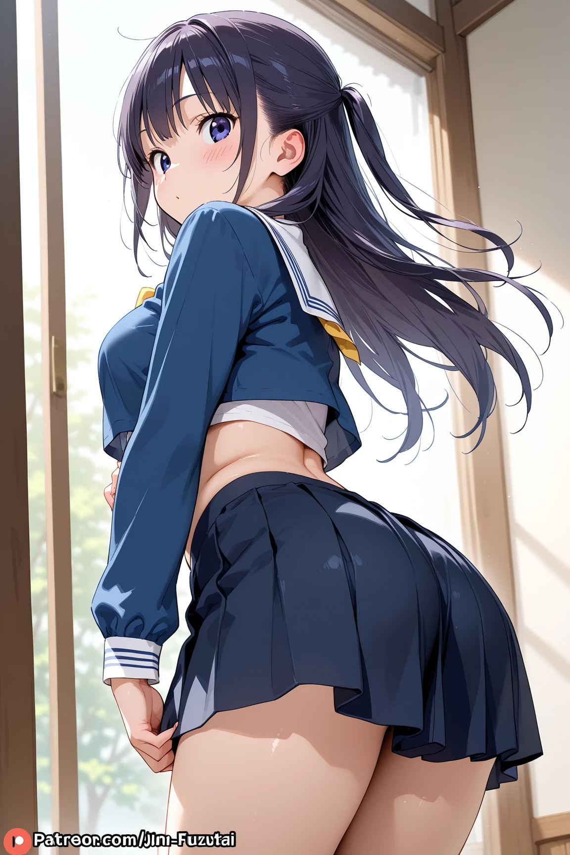 woman,20-year-old,(((sailor suit))),,smile(())(See-through),(()),((black hair)),blush、surprised face,((())),((look back))(wet with sweat)Reflecting the buttocks,(((ride a bicycle))),((skirt)), show off panties, (white panties:1.2)、 beautiful big breasts, slender body, highest quality, High resolution, highly detailed face, perfect lighting, Very detailed CG, (perfect hands, perfect anatomy)