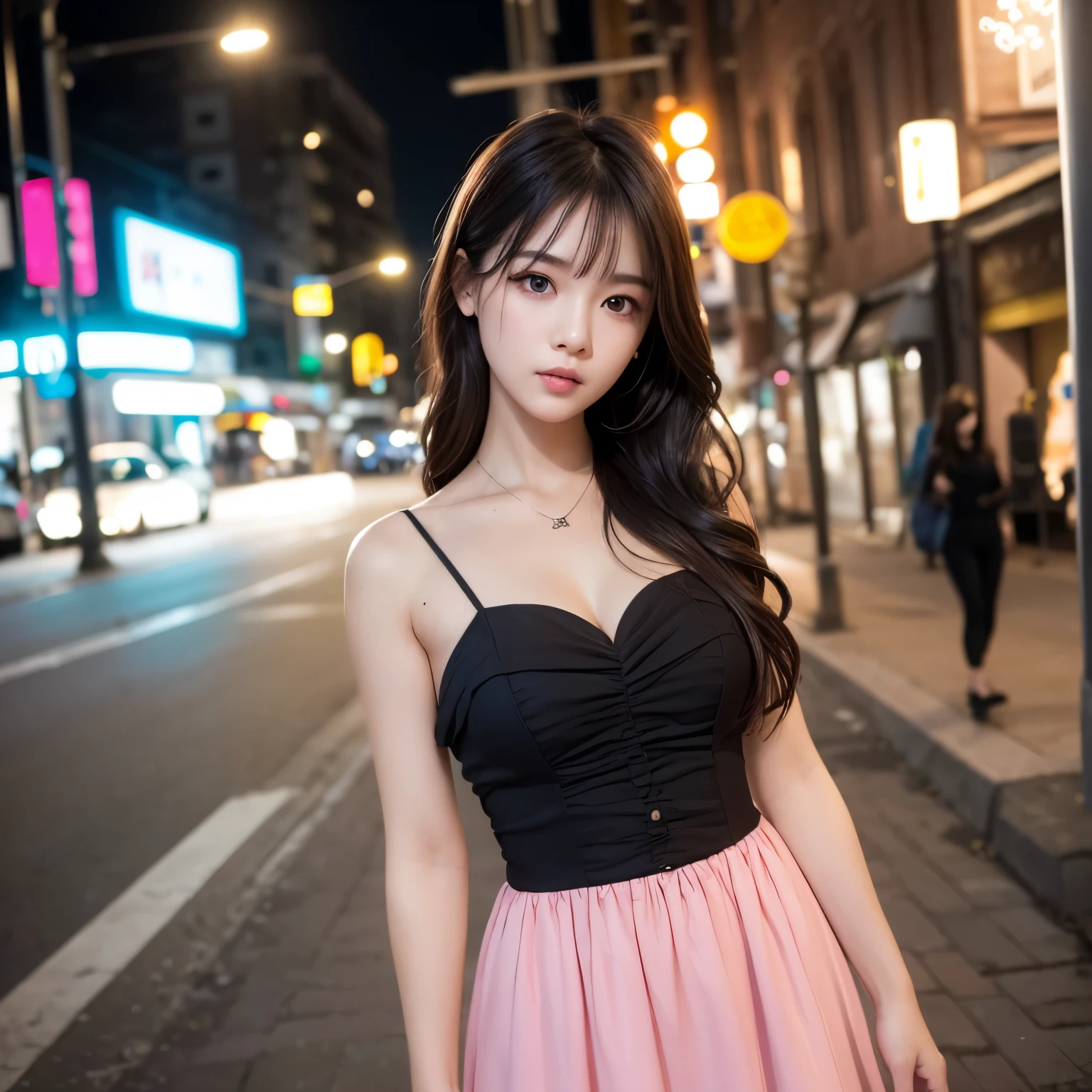 One girl,Japanese,Cute system,Highest quality,8K,In the neon city,wear a pink dress,Wear a silver necklace