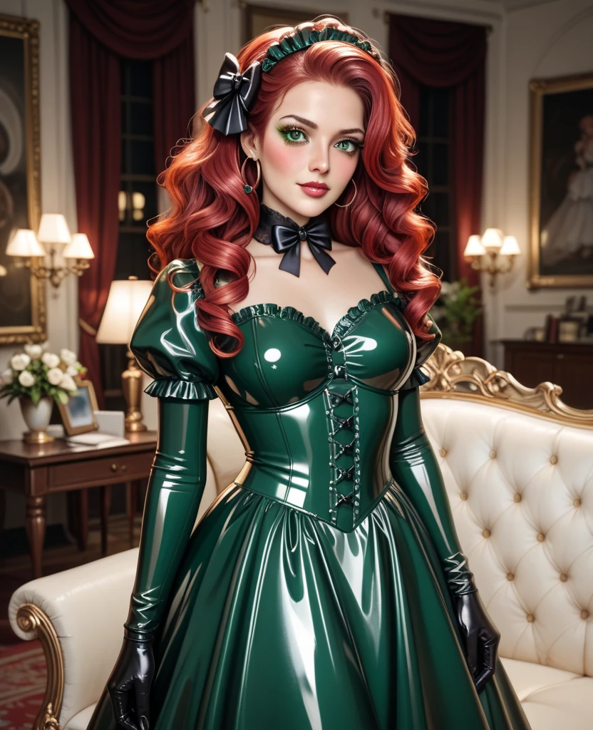A Beautiful Dickensian High Society Lady Goblin With Dark Red Hair, Green Skin. Large Deep Blue Eyes, Beautiful Thick Eyebrows . Round Face, Kinky Afro Hair. Hair. Cute Nose, Full Heart Shaped Red Lips. Dazzling Smile. Wide Hips. Black And Red Dress. Hoop Skirt. Wholesome Look, Exudes An Innocent Grace, FIT, . Hourglass Figure, . Pencil THIN WAIST. WHIMSY. Official Art, Award Winning Digital Painting, Digital Illustration, Extreme Detail, 4k, Ultra Hd, Rococo, Polished, Intricate, Realistic Fantasy Art, Sharp Focus, Concept Art, Art By Wlop, Artgerm, (2d Vector Illustration)