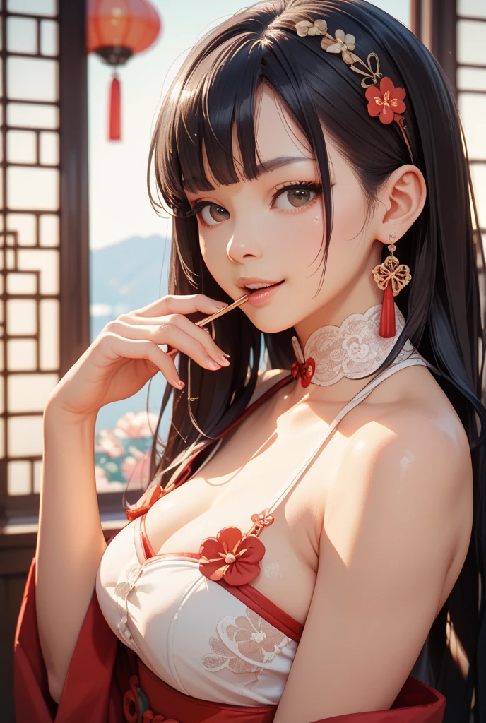 (((8k wallpaper of extremely detailed CG unit, masterpiece, 超A high resolution:1.2, top-quality:1.2, masutepiece))), ((extremely beautiful lady, extra detailed face, Highly detailed black eyes, extra detailed body, Top quality real texture skins, silber hair, de pele branca, Small:1.3, Sexy black and red kimono:1.2, off shoulders, Light pink eyeshadow, Sitting with legs spread)), ((Exposed cleavage, exposed shoulder, Exposed belly, Exposed legs)), (paper lanterns, Plum Blossom, Plum blossoms, natta:1.2, A Japanese style), hyper realisitic, digitial painting,