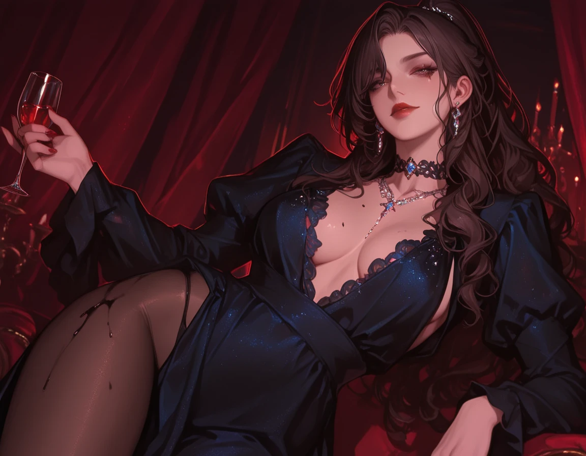 Triss marigold from withcer games sitting on throne lazily while sipping wine. wearing elegant black dress with white pearl necklace. Draw in manga art style.