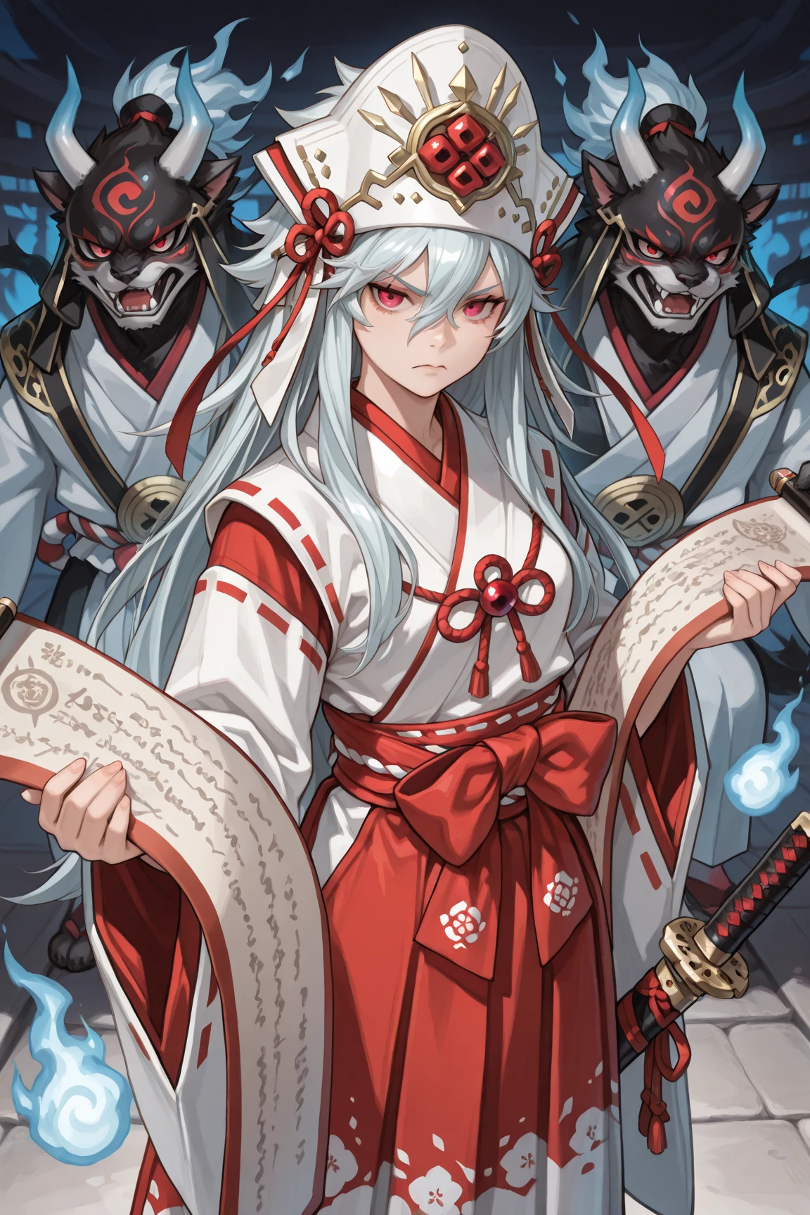 Ancient Japanese ceremony to ward off evil spirits.an elegant female character standing,((Serious expression confronting enemies)).An image of standing with dynamic paw,((opens her mouth like shouting something,She holds a shining sword)).  clothes well , traditional Japanese shrine maiden appearance,flowing shrine maiden costume that combines fantastic elements in a harmonious composition., Mainly white and red shrine maiden costume , sleeves are wide.Preparation and skill. Her hair is long, straight fashion, features intricate white patterns and floral designs.((holding a determined, shining sword in her right hand)), A bright red ribbon tightens her waist, holding a scroll and bill reminiscent of traditional images on her left hand.completing a ceremony to ward off evil spirits.showing mystical or ceremonial significance.((There are many traditional Japanese demons, specters, and monsters swirling behind her, and they are about to attack her)).((Image of the darkness of the night)).An elegant character is standing. The dynamic pose.(Exorcist.exorcist).Ceremonial aspects, setting creates a timeless atmosphere. traditional Japanese beauty .above knee composition