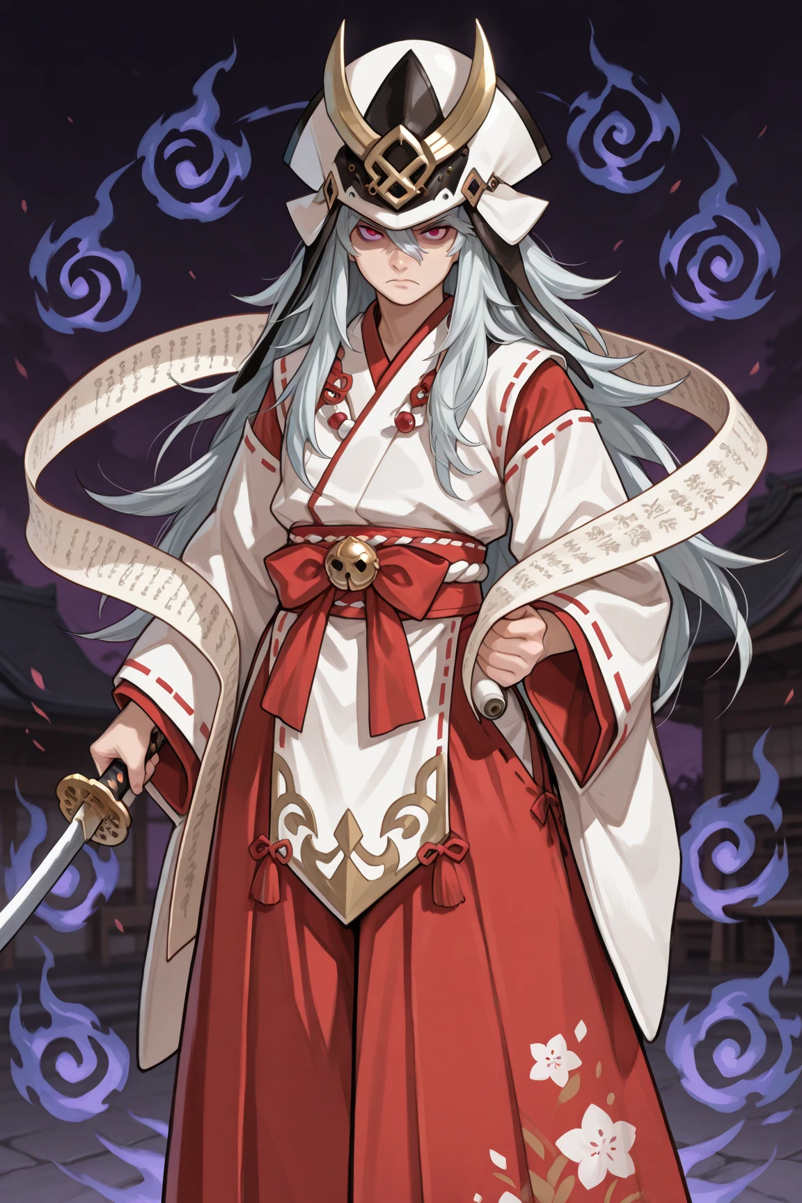 Ancient Japanese ceremony to ward off evil spirits.an elegant female character standing,((Serious expression confronting enemies)).An image of standing with dynamic paw,((opens her mouth like shouting something,She holds a shining sword)).  clothes well , traditional Japanese shrine maiden appearance,flowing shrine maiden costume that combines fantastic elements in a harmonious composition., Mainly white and red shrine maiden costume , sleeves are wide.Preparation and skill. Her hair is long, straight fashion, features intricate white patterns and floral designs.((holding a determined, shining sword in her right hand)), A bright red ribbon tightens her waist, holding a scroll and bill reminiscent of traditional images on her left hand.completing a ceremony to ward off evil spirits.showing mystical or ceremonial significance.((There are many traditional Japanese demons, specters, and monsters swirling behind her, and they are about to attack her)).((Image of the darkness of the night)).An elegant character is standing. The dynamic pose.(Exorcist.exorcist).Ceremonial aspects, setting creates a timeless atmosphere. traditional Japanese beauty .above knee composition