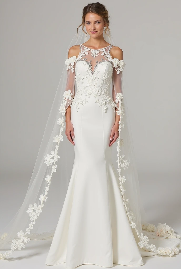 Top quality, Masterpiece, hyper HD, (Photorealistic: 1.4), RAW photo,ultra realistic, 1girl，Fashion model, unique vera wang white wedding dress, long-sleeve, floor-length style, , full body, in white room with indoor decorative palm tree, stand upright and look straight,