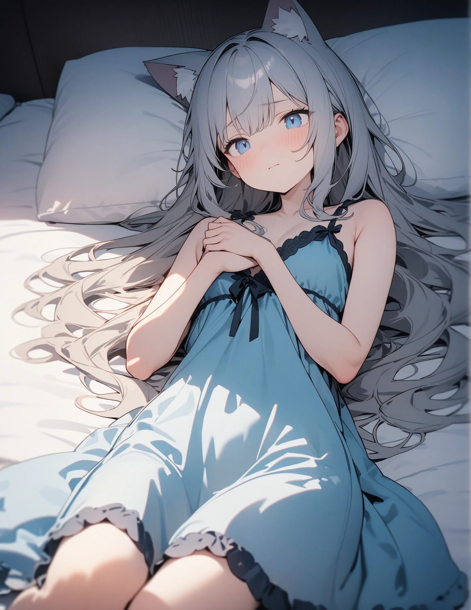 (masterpiece:1.4、top-quality、illustration:,realistic、)、(character focus、,cowboy shot:1.3)、(1girl),(clear face:1.3),(exact limbs:1.4),cute face,blue eyes、(tareme:1.3)、(from above:1.3),
(on back:1.3),(lie down on the bed:1.4),、
(grey hair),(long hair:1.5)、
,(her room:1.3),（loose Room wear:1.5),
(blunt bangs),(sidelocks:1.3), (small breasts:1.2)、
、slender、