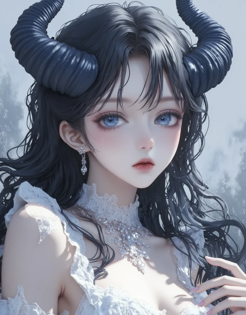 1 girl, Alone, Long hair, breasts, looking at the viewer, seductive smile,blue eyes, black hair, hair between eyes, earrings, horns, High resolution, masterpiece, HD Model, big breasts, make-up, licking lips, jewelry, mole under the mouth,