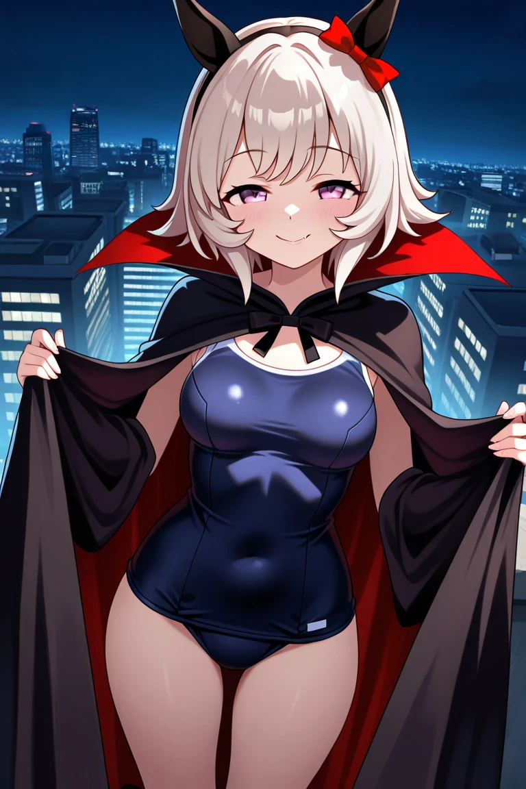 ((((masterpiece, best quality, high resolution)))), from above,illustration,1girl, white hair, bob cut, short wavy hair, purple eyes, looking at viewer, light smile, (breast focus), (arms behind back:1.2), (huge breasts: 1.2), (breasts out:1.2), midriff, collarbone, nighttime, sweat, (black Playboy bunny suit, highleg leotard, thighhighs, pantyhose, rabbit ears, high heels), night bar, night light, seductive expression, seductive eyes, suggestive looks, cowboy shot,