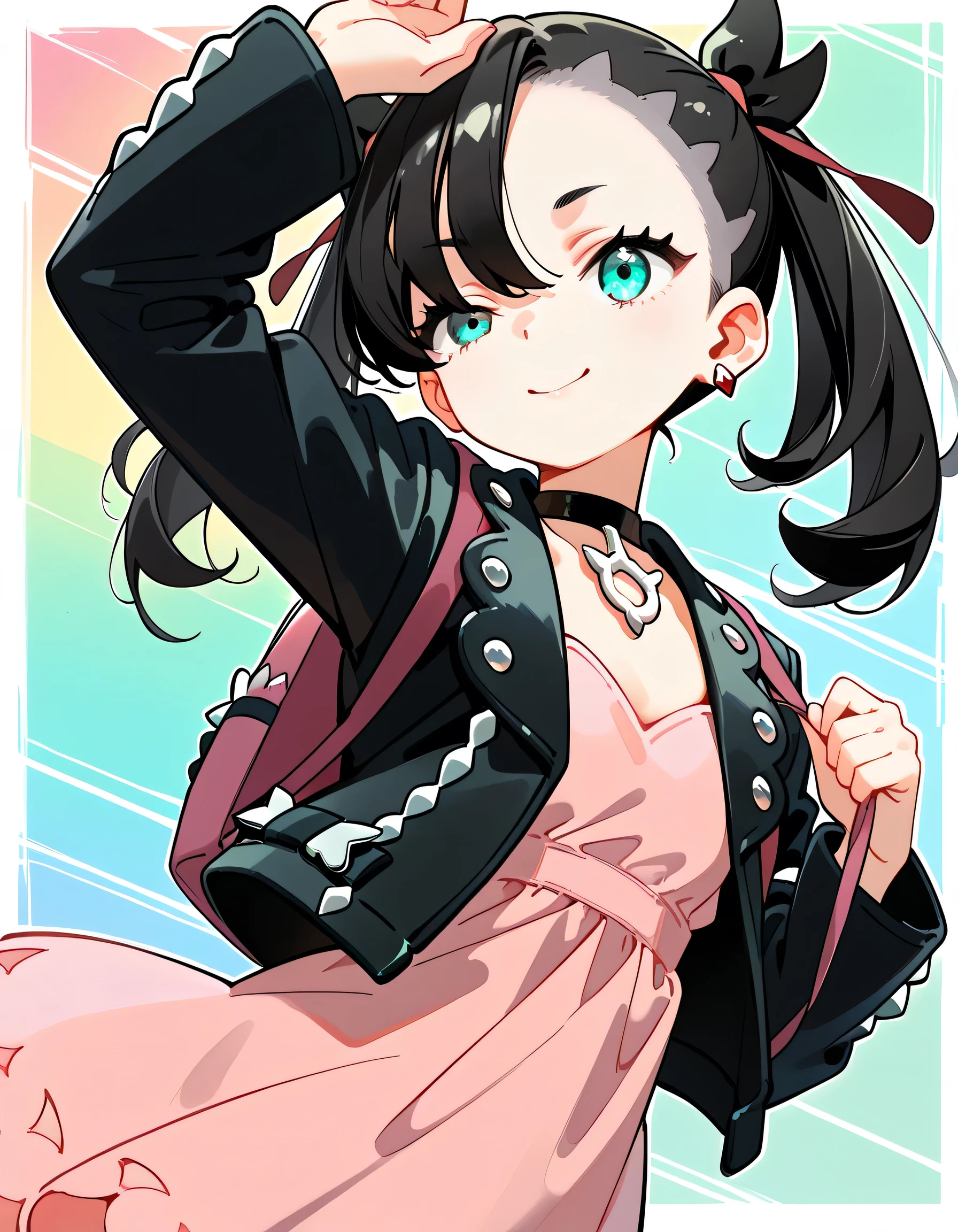 (dynamic angle,dynamic cute junming pose),one arm up,solo,pokemonmarnie, aqua eyes, asymmetrical bangs, asymmetrical hair, black hair, hair ribbon, long hair, red ribbon, ribbon, twintails,backpack, bag, black choker, black jacket, choker, dress, earrings, jacket, jewelry, long sleeves, open clothes, pink bag, pink dress,soft lineart,colorful background,memorialshot,smile,closed one eye,