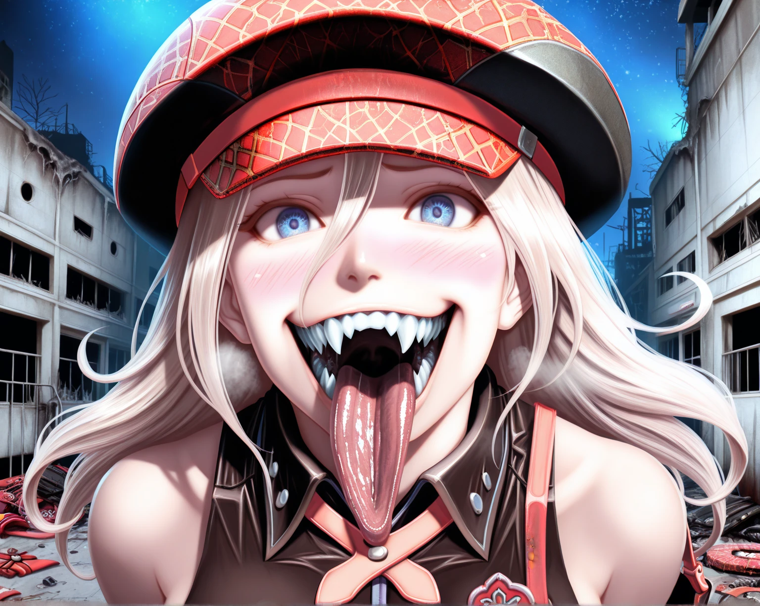 (masterpiece, high quality,shiny skin:1.4) ,vivid color, high contrast,<lora:more_details:0.3>, <lora:GoodHands-beta2:1>,1girl,large breasts,<lora:nikke_jackal-09:1>,nikkejackal, facial mark,huge breasts,abs,ahoge, twintails, hair ornament, streaked hair, white hair, pink hair,red eye,open clothes, jacket, sports bra,pink gloves,hoop earrings, necklace,seductive look,sweat,heavy breathing,looking at view,BREAK,enis over eyes,(1boy,penis with veins:1.2), upper body, solo focus, open mouth, cum in mouth,blush,heavy breathing, saliva, <lyco:penis over eyes5-000009:1.0>