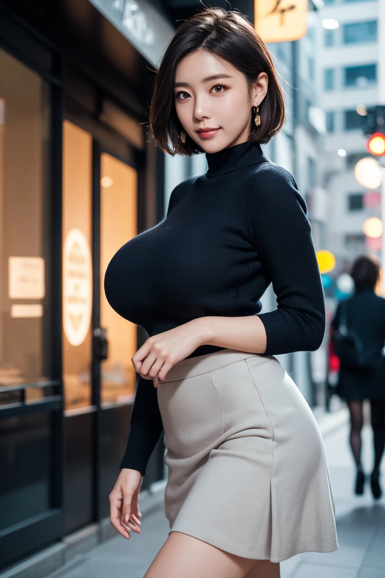 ((masterpiece)), ((highest quality)), ((Complex)), ((超realistic)), (realistic), (mature woman), ((There are no classes)), very detailed, 1 girl, (big breasts), beautiful and detailed eyes, star-shaped pupil, eyelash, double eyelid, (beautiful teeth), grin and laugh, brunette bob hair, brown eyes, (lilac long turtleneck), (red tight mini skirt), ((thighs)), (stockings), (background: underground), detailed background, perfect eyes, enchanting eyes, looking at the viewer, from before