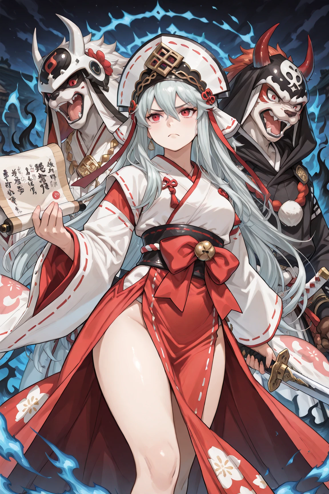 Ancient Japanese ceremony to ward off evil spirits.an elegant female character standing,((Serious expression confronting enemies)).An image of standing with dynamic paw,((opens her mouth like shouting something,She holds a shining sword)).  clothes well , traditional Japanese shrine maiden appearance,flowing shrine maiden costume that combines fantastic elements in a harmonious composition., Mainly white and red shrine maiden costume , sleeves are wide.Preparation and skill. Her hair is long, straight fashion, features intricate white patterns and floral designs.((holding a determined, shining sword in her right hand)), A bright red ribbon tightens her waist, holding a scroll and bill reminiscent of traditional images on her left hand.completing a ceremony to ward off evil spirits.showing mystical or ceremonial significance.((There are many traditional Japanese demons, specters, and monsters swirling behind her, and they are about to attack her)).((Image of the darkness of the night)).An elegant character is standing. The dynamic pose.(Exorcist.exorcist).Ceremonial aspects, setting creates a timeless atmosphere. traditional Japanese beauty .above knee composition
