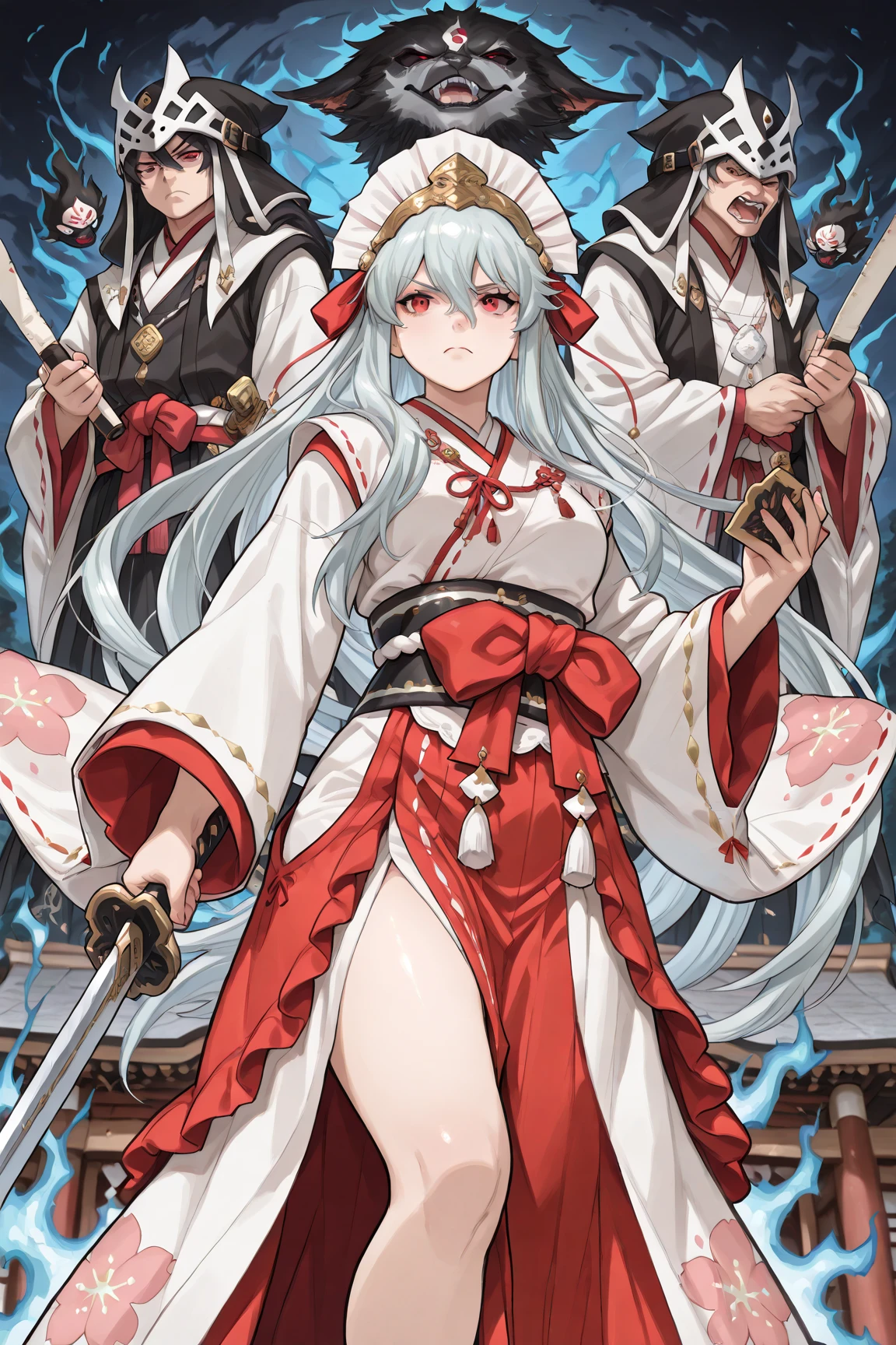 Ancient Japanese ceremony to ward off evil spirits.an elegant female character standing,((Serious expression confronting enemies)).An image of standing with dynamic paw,((opens her mouth like shouting something,She holds a shining sword)).  clothes well , traditional Japanese shrine maiden appearance,flowing shrine maiden costume that combines fantastic elements in a harmonious composition., Mainly white and red shrine maiden costume , sleeves are wide.Preparation and skill. Her hair is long, straight fashion, features intricate white patterns and floral designs.((holding a determined, shining sword in her right hand)), A bright red ribbon tightens her waist, holding a scroll and bill reminiscent of traditional images on her left hand.completing a ceremony to ward off evil spirits.showing mystical or ceremonial significance.((There are many traditional Japanese demons, specters, and monsters swirling behind her, and they are about to attack her)).((Image of the darkness of the night)).An elegant character is standing. The dynamic pose.(Exorcist.exorcist).Ceremonial aspects, setting creates a timeless atmosphere. traditional Japanese beauty .above knee composition