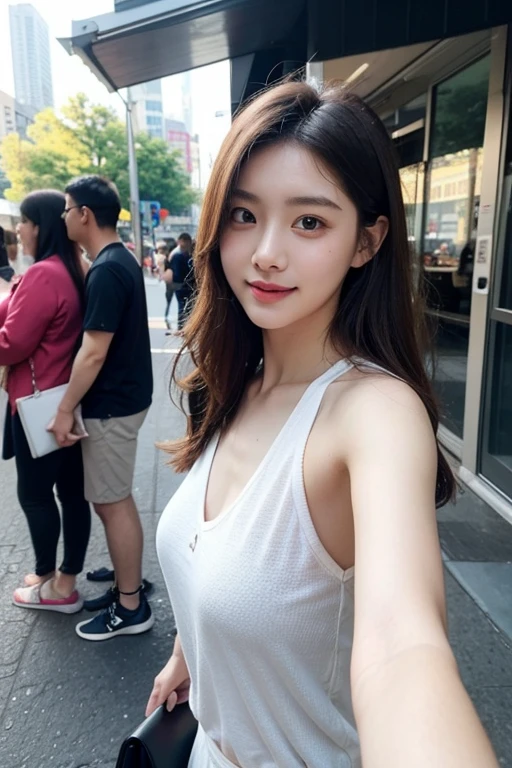 ((Realistic lighting, Best quality, 8K, Masterpiece: 1.3)), Clear focus: 1.2, 1girl, Perfect Figure: 1.4, Slim Abs: 1.1, ((Dark hair)), (White crop top: 1.4), (Outdoor, Night: 1.1), City streets, Super fine face, Fine eyes, Double eyelids, ria_sunda