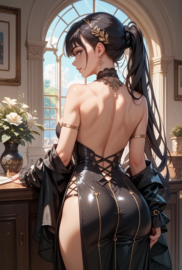 ((aeolian)), 1 girl, beautiful face, Princess, ((naked)), full body view, very long loose black hair, no underwear, slim body, long legs, shiny skin, fantasy temple interior landscape, bare feet, ((leaning over)), spread butt cheeks