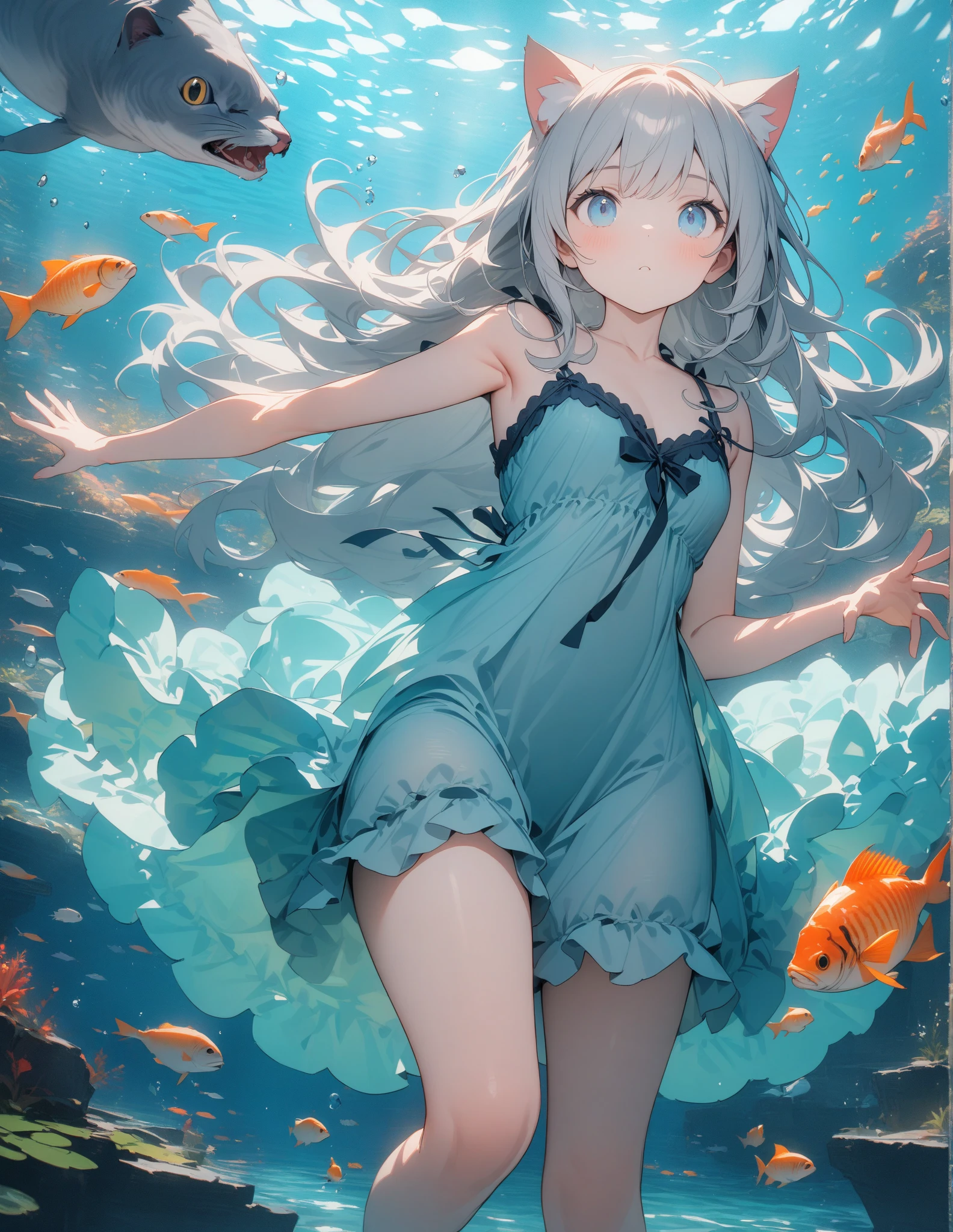 (masterpiece:1.3), (best quality:1.2), (illustration:1.2), (ultra detailed:1.2), (pixiv:1.4), ultra high res, watercolor, a girl with mimosa-colored and blunt bangs hair and eyes, (masterpiece:1.3), (best quality:1.2), (illustration:1.2), (ultra detailed:1.2), (pixiv:1.4), ultra high res, watercolor,looking at viewer ,focus eye,flat chest,slender,shining, many rays, (transparent lake:1.3), emerald lake, a black bikini, swimming under water, (tropical fish:1.3) pastel tones, flat tones, upward glance, tilt head, full body, twinkle smile, 1girl, solo, 15years old, detailed beautiful face and eyes, fashion model, tall, slender legs, medium breasts, hair fluttering, (well-proportioned body:1.2), (dynamic angle:1.3) (beautiful hair:1.2), (masterpiece:1.2) , (best quality:1.2) , (ultra-detailed:1.2), 1000 other tiny bubbles all around, bubbles with light shined,