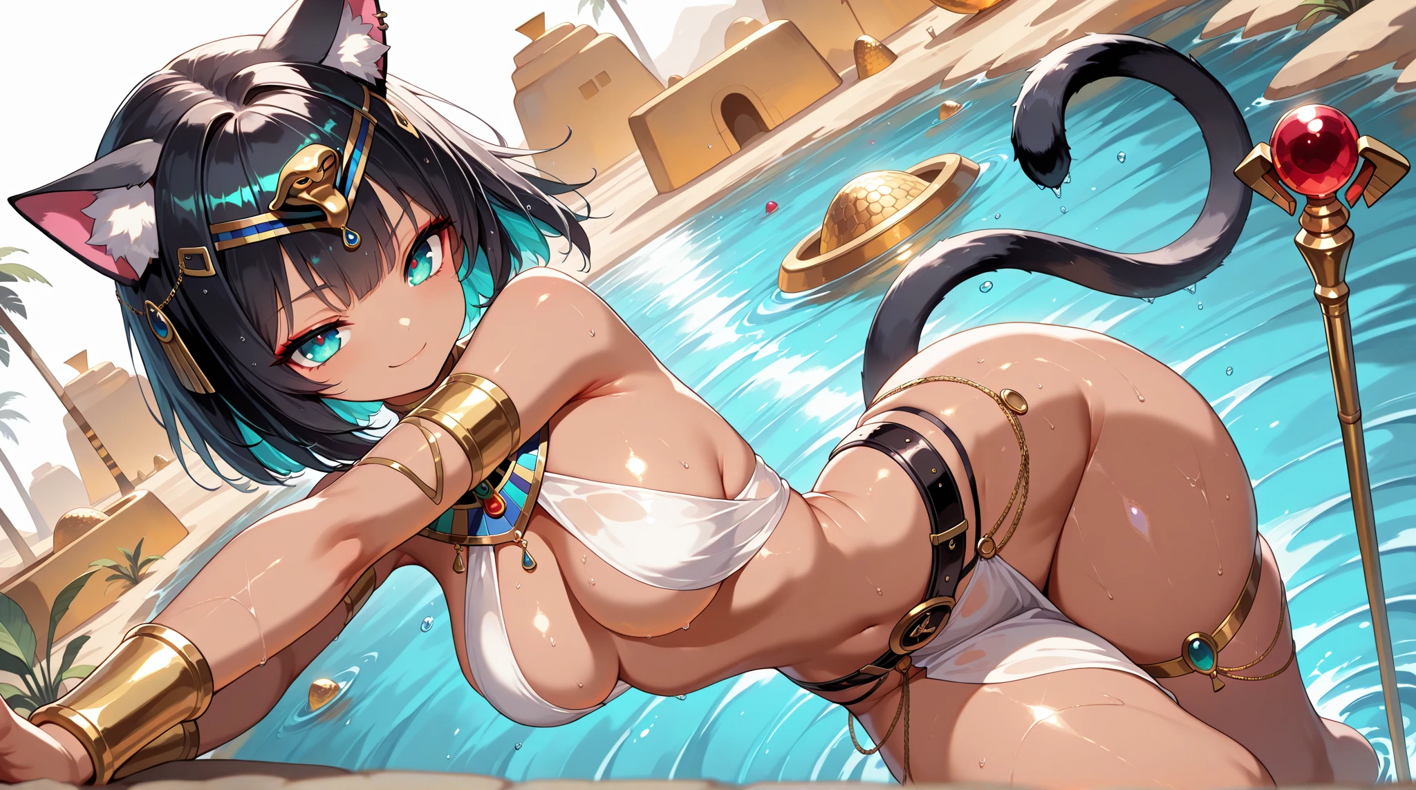 masterpiece, best quality, ultra-detailed, illustration, outdoors, summer, sun, ocean, beach, sand, nature, 1girl, (Ankha:1.05), (yellow skin:1.05), realtail, cat tail, small breasts, barefoot, looking back, crawling, all fours, furry, wet, school swimsuit, ass to viewer, feet,
<lora:ankhaAnimalCrossing_v1:0.8>
<lora:fixCatTailFromBehind_v10:0.3>