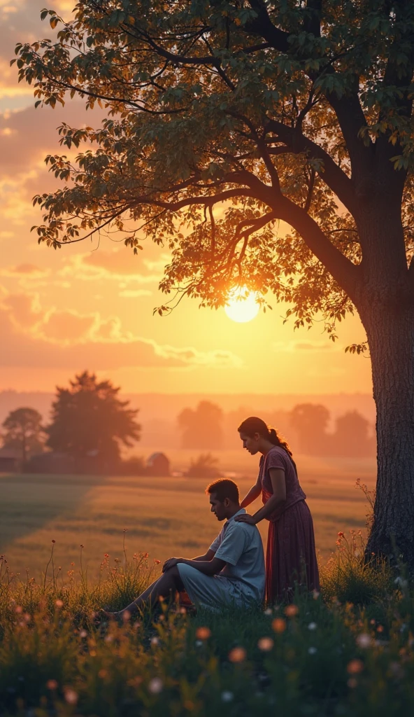 Man and woman, sitting on grass, back, under tree, evening, foggy, atmospheric, sunset,