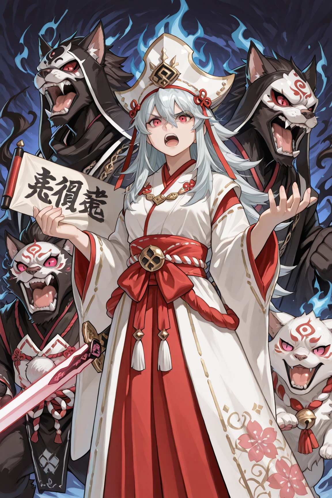 Ancient Japanese ceremony to ward off evil spirits.an elegant female character standing,((Serious expression confronting enemies)).An image of standing with dynamic paw,((opens her mouth like shouting something,She holds a shining sword)).  clothes well , traditional Japanese shrine maiden appearance,flowing shrine maiden costume that combines fantastic elements in a harmonious composition., Mainly white and red shrine maiden costume , sleeves are wide.Preparation and skill. Her hair is long, straight fashion, features intricate white patterns and floral designs.((holding a determined, shining sword in her right hand)), A bright red ribbon tightens her waist, holding a scroll and bill reminiscent of traditional images on her left hand.completing a ceremony to ward off evil spirits.showing mystical or ceremonial significance.((There are many traditional Japanese demons, specters, and monsters swirling behind her, and they are about to attack her)).((Image of the darkness of the night)).An elegant character is standing. The dynamic pose.(Exorcist.exorcist).Ceremonial aspects, setting creates a timeless atmosphere. traditional Japanese beauty .above knee composition
