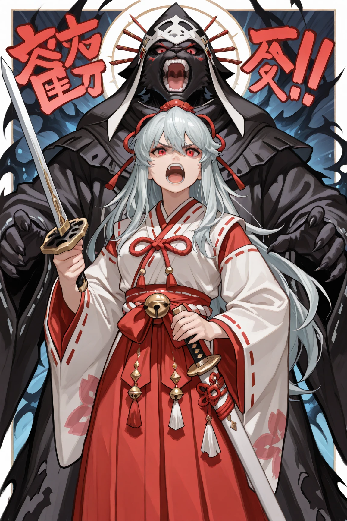 Ancient Japanese ceremony to ward off evil spirits.an elegant female character standing,((Serious expression confronting enemies)).An image of standing with dynamic paw,((opens her mouth like shouting something,She holds a shining sword)).  clothes well , traditional Japanese shrine maiden appearance,flowing shrine maiden costume that combines fantastic elements in a harmonious composition., Mainly white and red shrine maiden costume , sleeves are wide.Preparation and skill. Her hair is long, straight fashion, features intricate white patterns and floral designs.((holding a determined, shining sword in her right hand)), A bright red ribbon tightens her waist, holding a scroll and bill reminiscent of traditional images on her left hand.completing a ceremony to ward off evil spirits.showing mystical or ceremonial significance.((There are many traditional Japanese demons, specters, and monsters swirling behind her, and they are about to attack her)).((Image of the darkness of the night)).An elegant character is standing. The dynamic pose.(Exorcist.exorcist).Ceremonial aspects, setting creates a timeless atmosphere. traditional Japanese beauty .above knee composition