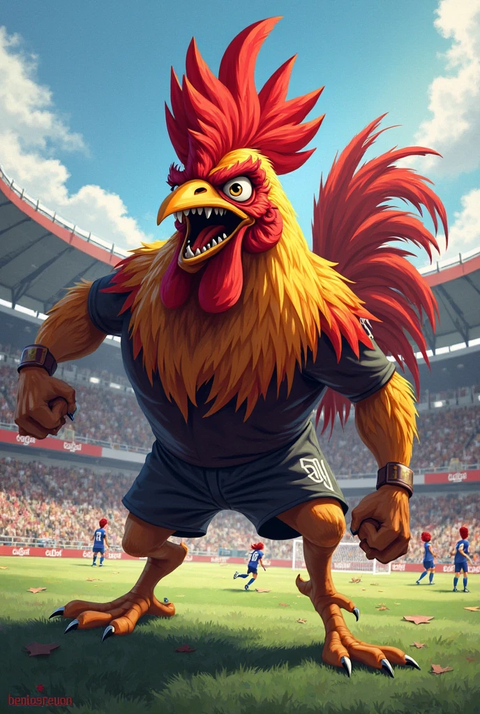 rooster bird in the spotlight, muscular, puffy chest, open black vest, black tattoo, in a soccer stadium, running after a cervo bambi, fans in the background, black smoke in the air