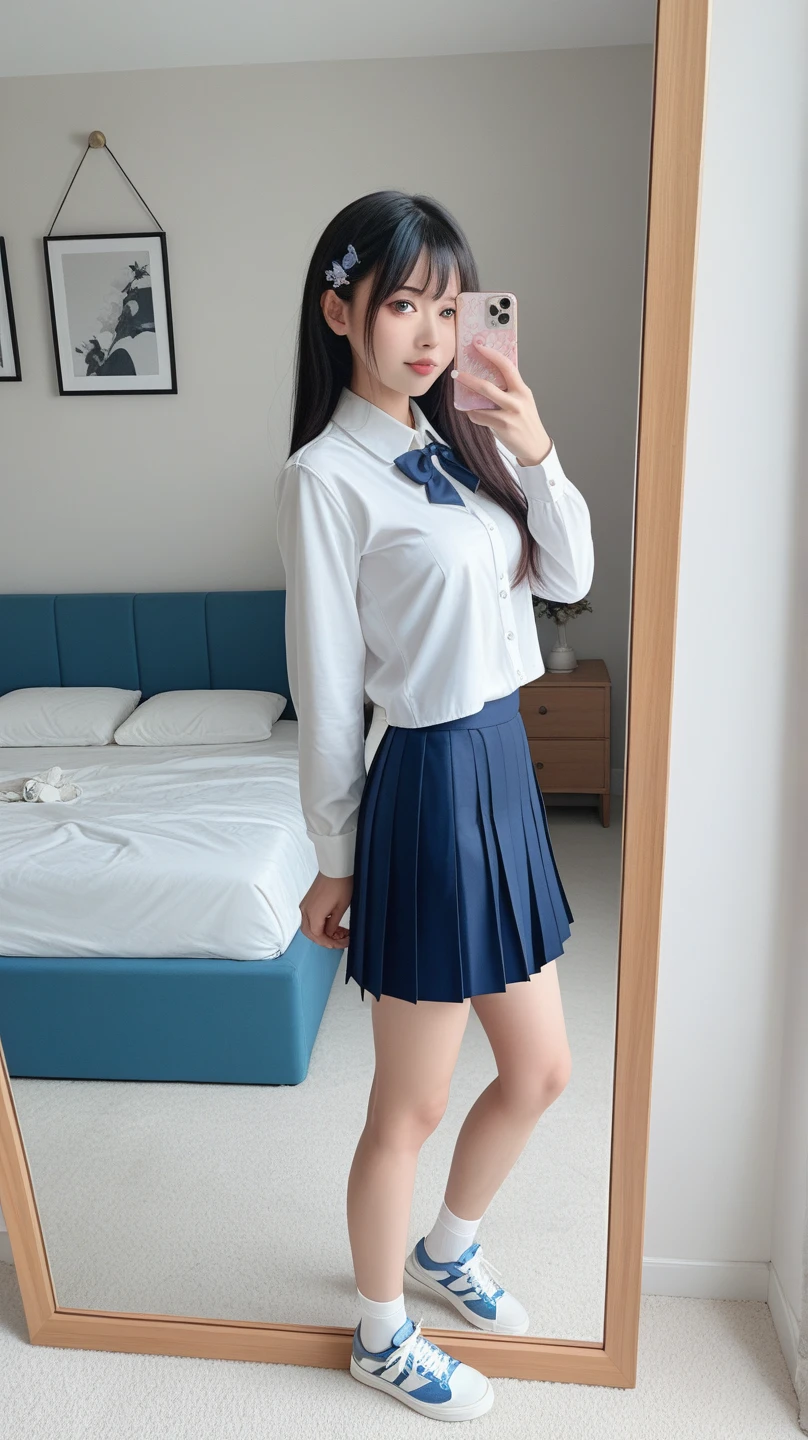 1 Girl, alone, Japanese girl, 14 years old,The background is the library、Many books棚、Many books、(Highest quality, Realistic, High resolution, 8K, Very detailed, Detailed face, Shiny skin), Japanese , Collared shirt, White shirt, Red ribbon, Black Hair, ragged bangs, ponytail,Gazing into the distance,Young face、Are thin、Slim figure、slender、Short、 System、((Lots of sweat))、Navy blue checked skirt、Nice thighs、Crouching,Shooting from behind、profile、smile、