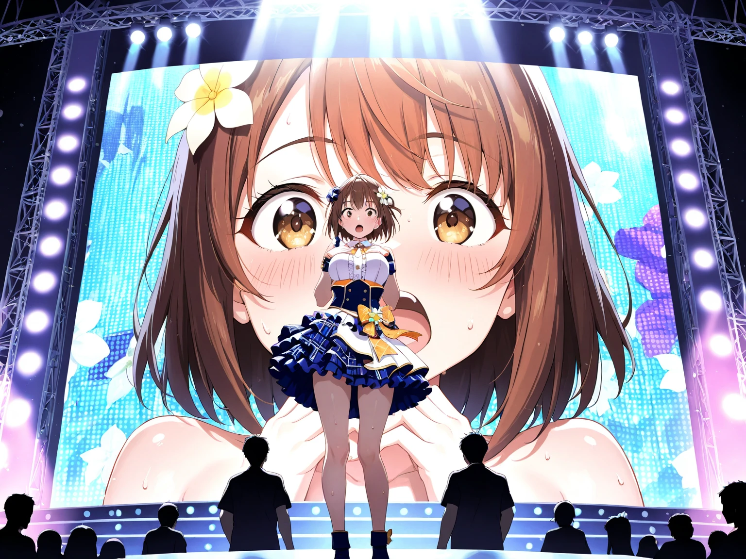 kudokanae, green eyes, short hair, ribbon,, large breasts, live stage, solo,nsfw naked
